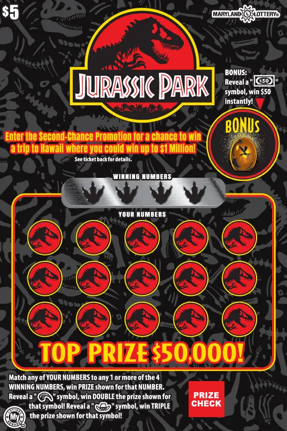 JURASSIC PARK Maryland scratch-off ticket