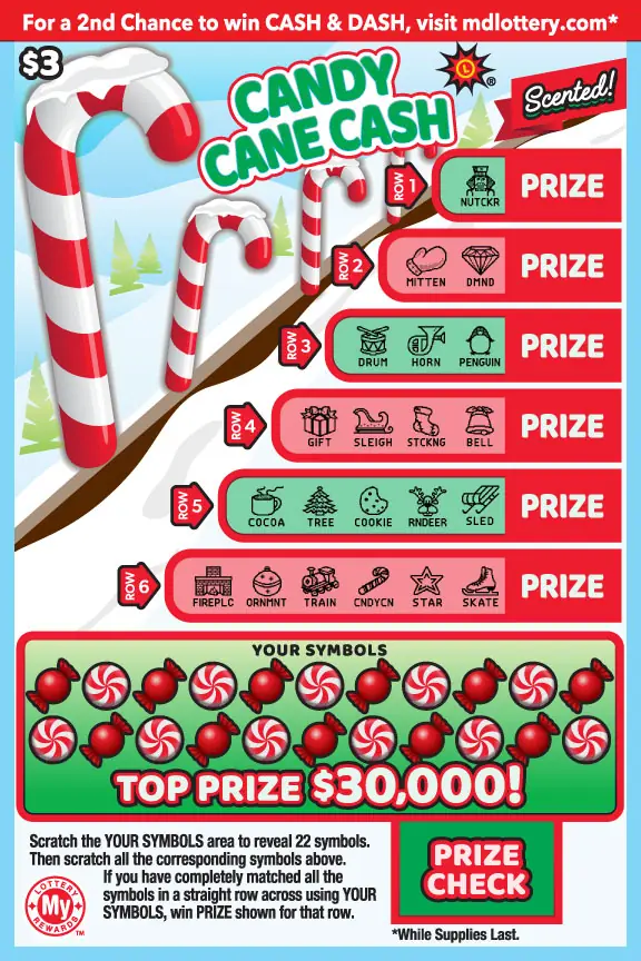Candy Cane Cash Maryland scratch-off ticket