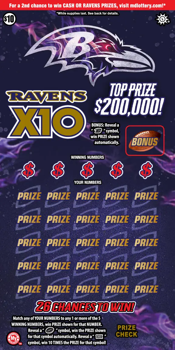 Ravens X10 Maryland scratch-off ticket