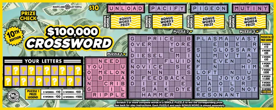 $100,000 Crossword Maryland scratch-off ticket