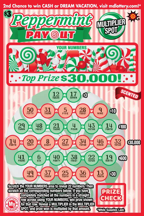 Peppermint Payout Maryland scratch-off ticket