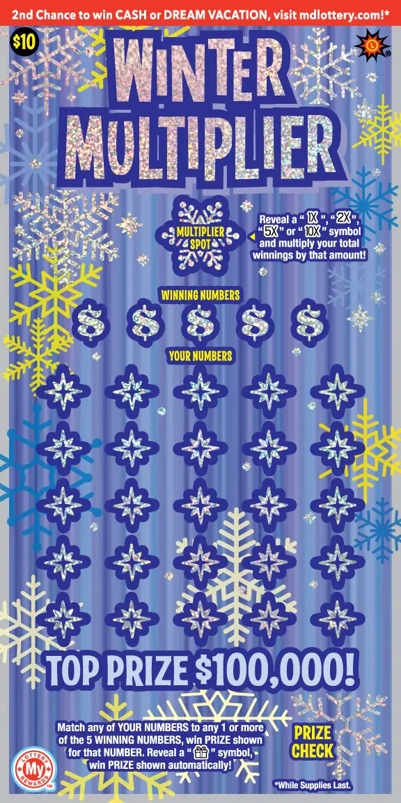 Winter Multiplier Maryland scratch-off ticket