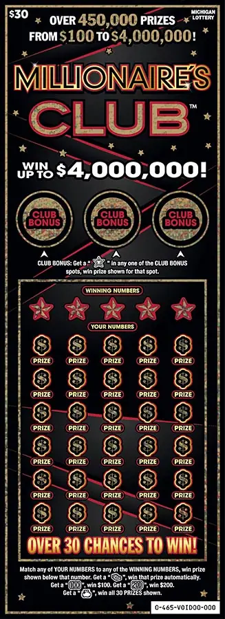 Millionaires Club Michigan scratch-off ticket