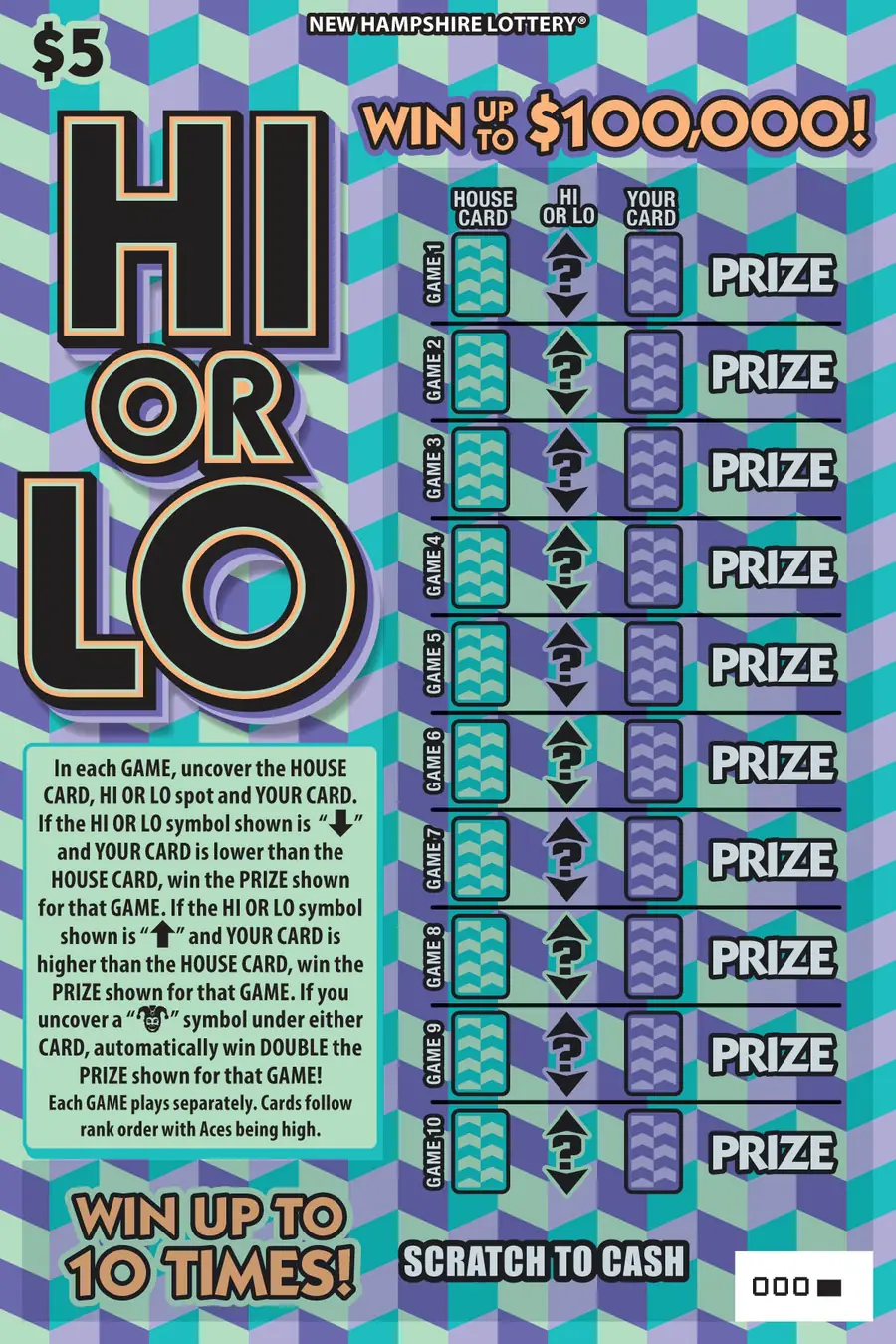 Hi or Lo New Hampshire scratch game ticket