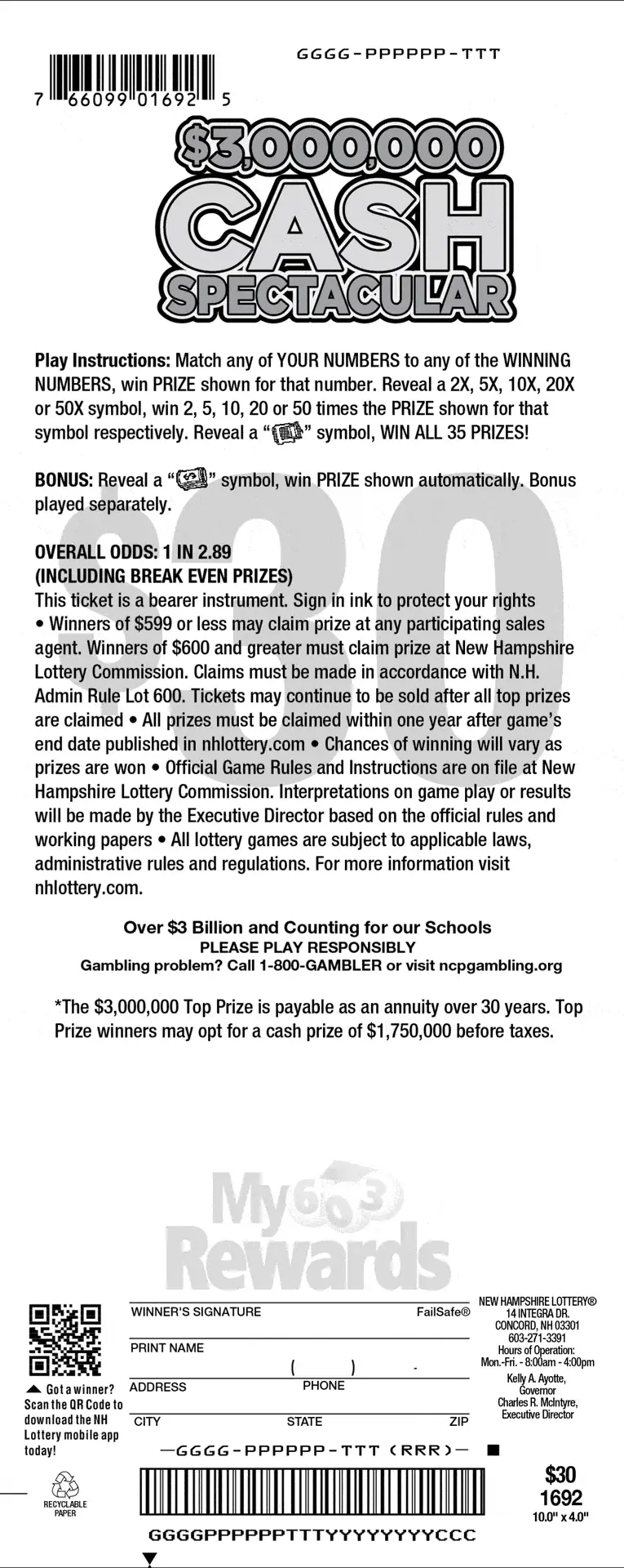 $3,000,000 Cash Spectacular New Hampshire scratch game ticket