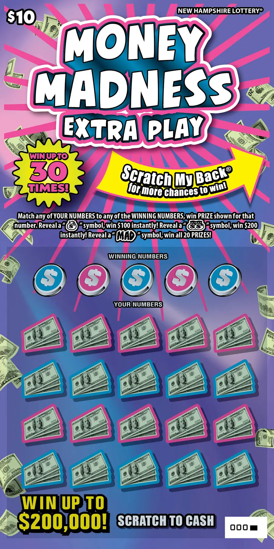 Money Madness Extra Play New Hampshire scratch game ticket