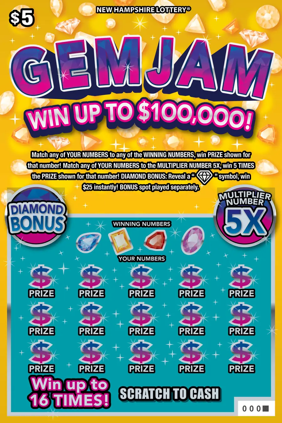 Gem Jam New Hampshire scratch game ticket