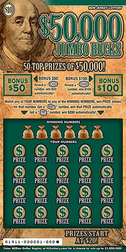 $50,000 Jumbo Bucks New Jersey scratch-off ticket