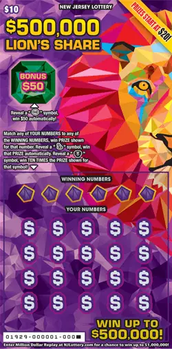 $500,000 Lion's Share New Jersey scratch-off ticket