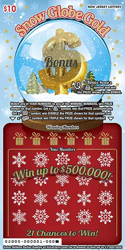 Snow Globe Gold New Jersey scratch-off ticket