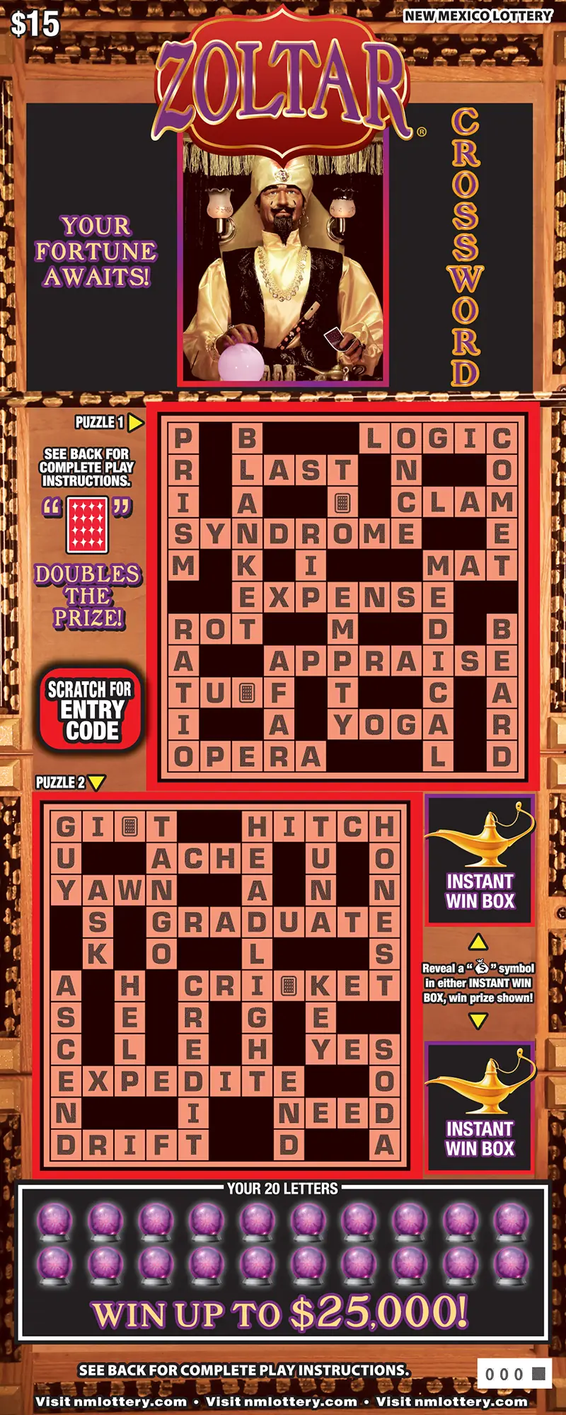 Zoltar® Crossword New Mexico scratcher ticket