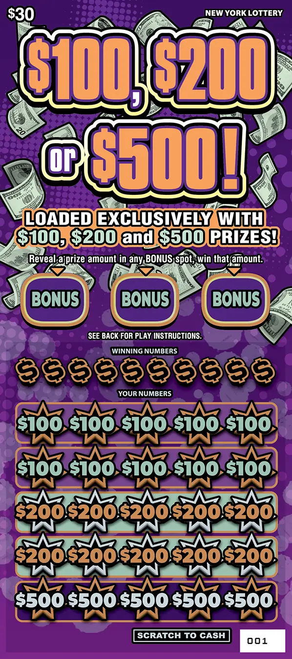 $100, $200 0R $500 New York scratch-off ticket
