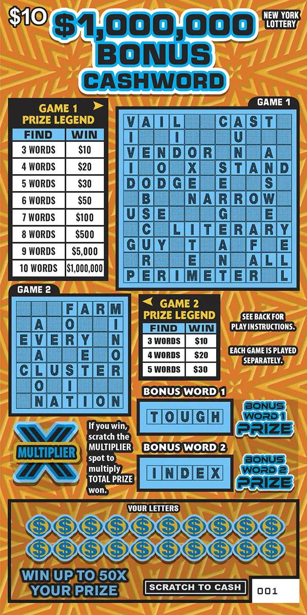 $1,000,000 BONUS CASHWORD New York scratch-off ticket