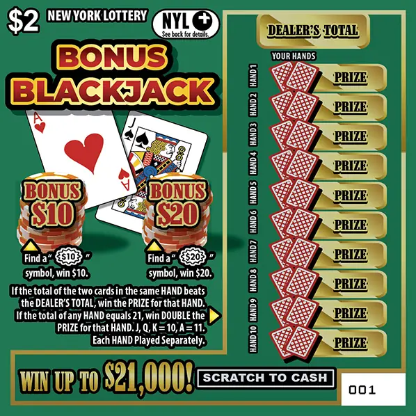 BONUS BLACKJACK New York scratch-off ticket