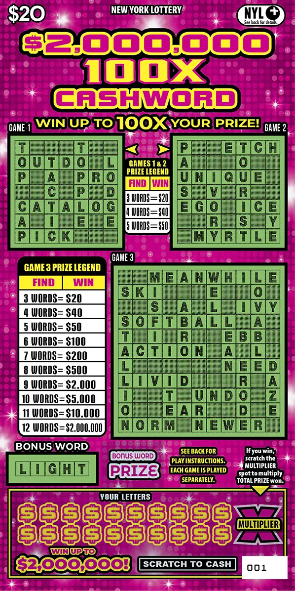 $2,000,000 100X CASHWORD New York scratch-off ticket