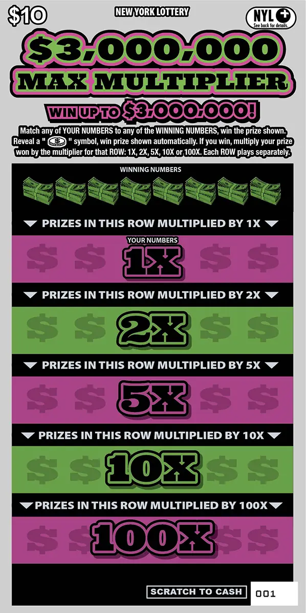 $3,000,000 MAX MULTIPLIER New York scratch-off ticket