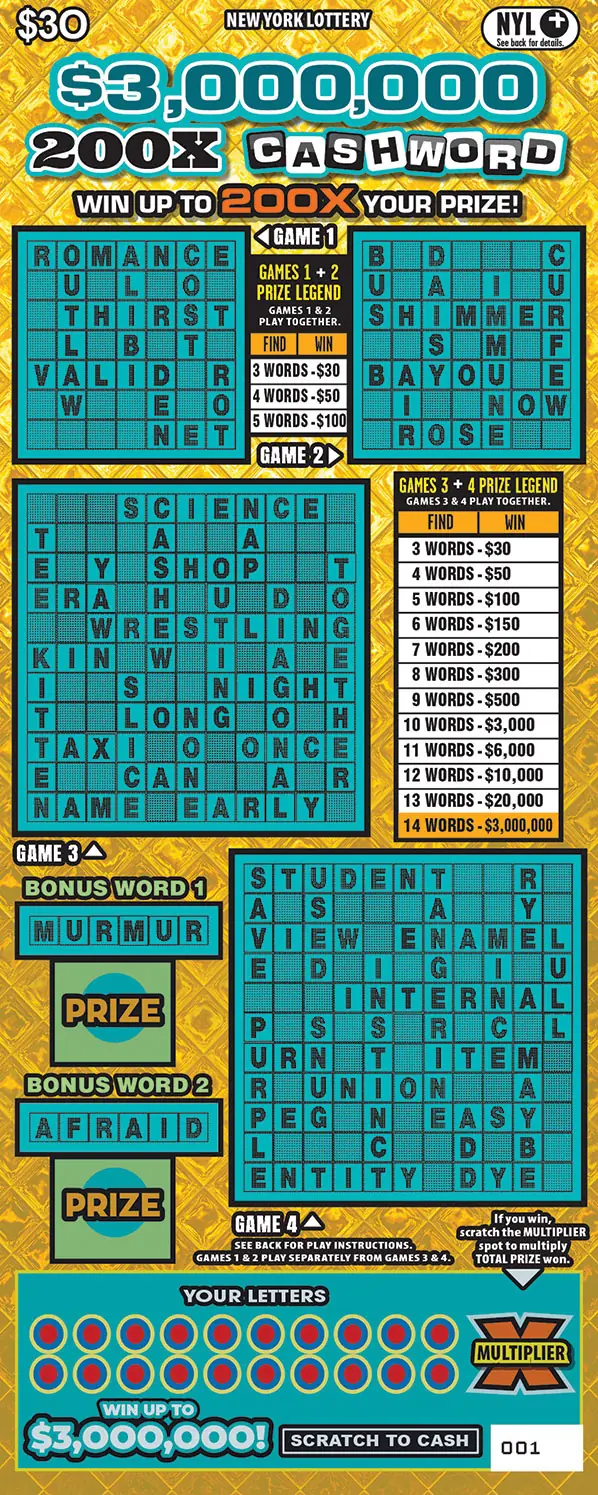$3,000,000 200X CASHWORD New York scratch-off ticket