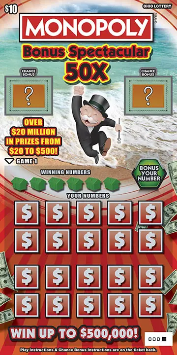 Monopoly Bonus Spectacular 50X Ohio scratch-off ticket