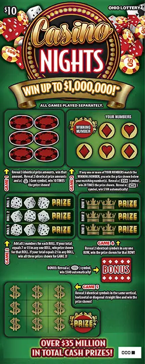 Casino Nights Ohio scratch-off ticket