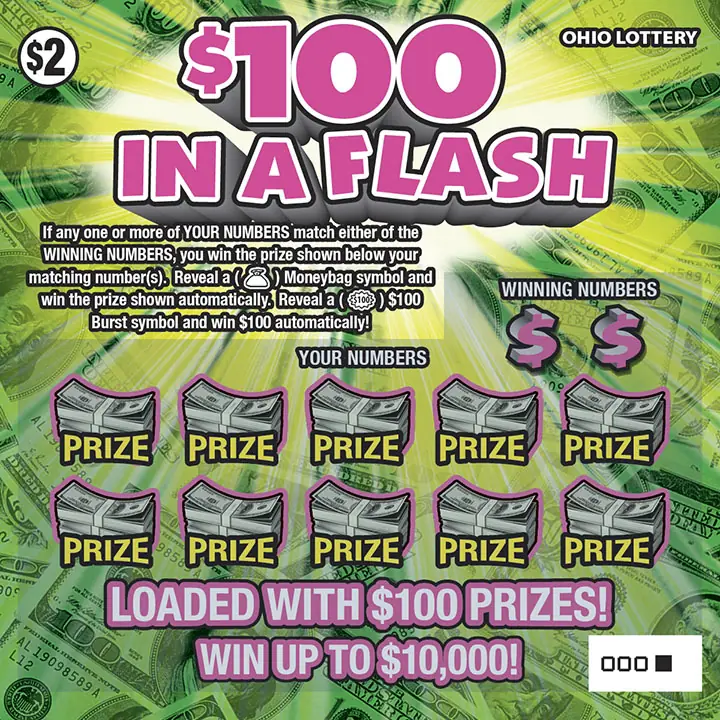 $100 In A Flash Ohio scratch-off ticket