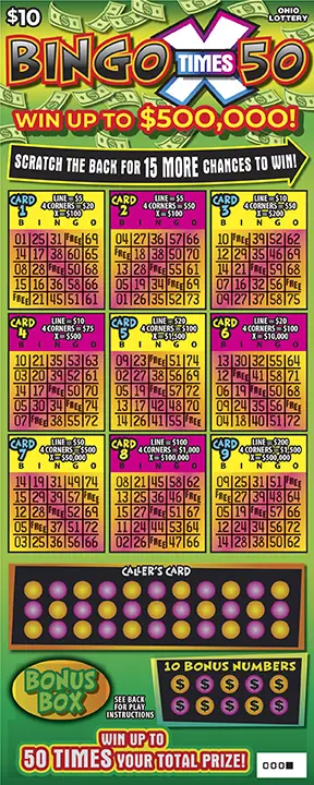 Bingo 50X Ohio scratch-off ticket