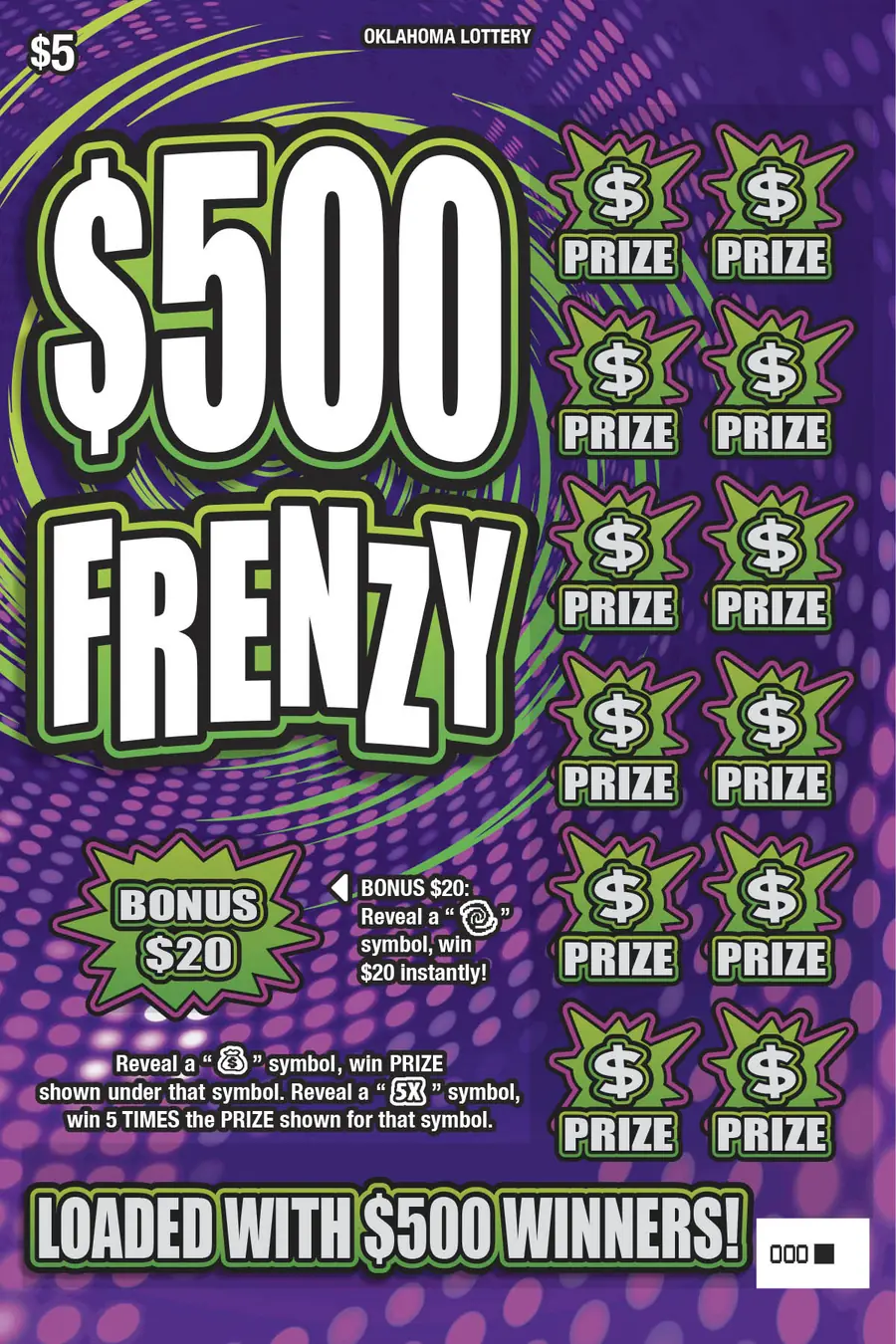 $500 Frenzy Oklahoma scratcher ticket