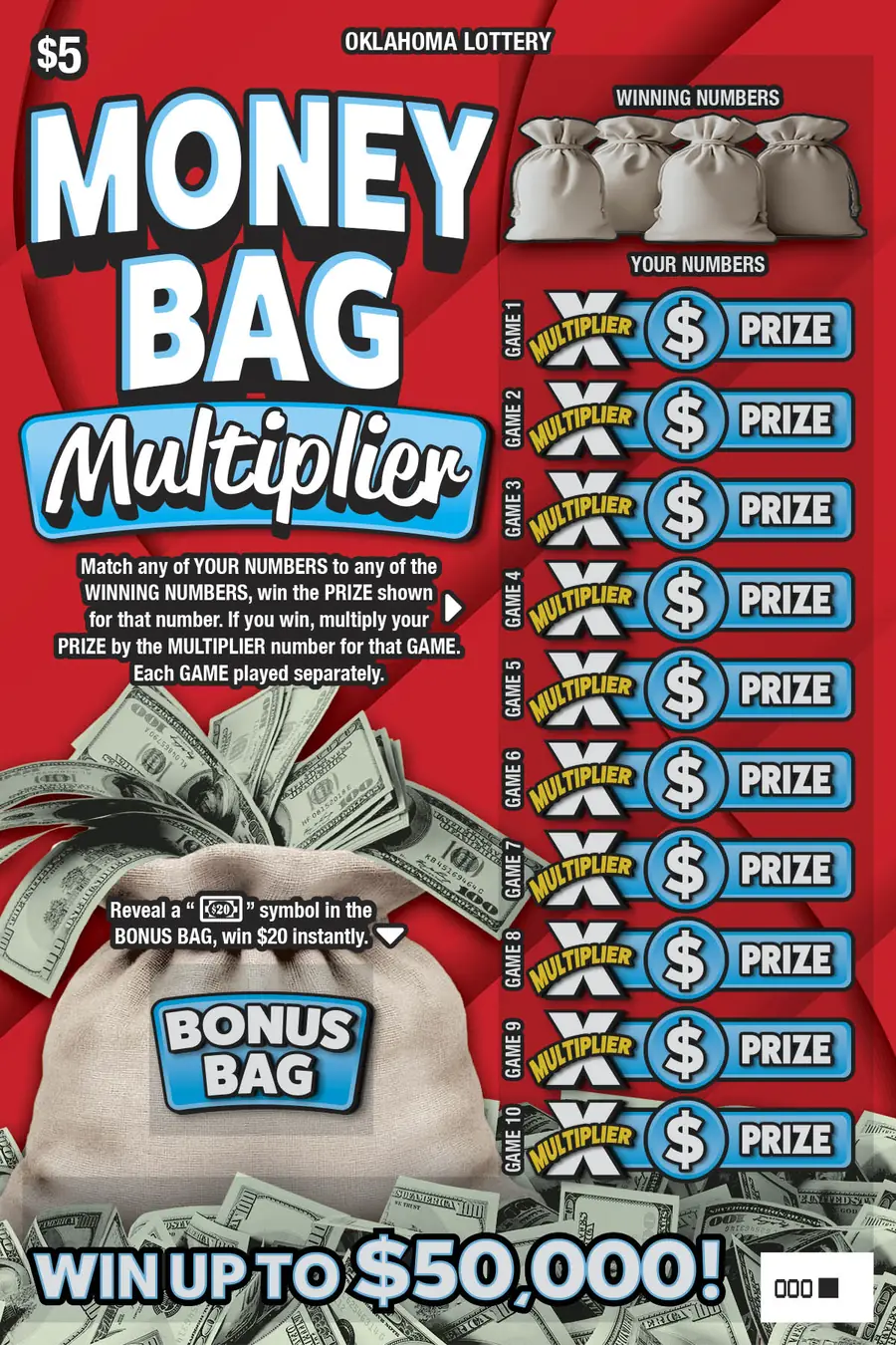 Money Bag Multiplier Oklahoma scratcher ticket