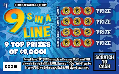9s In A Line Pennsylvania scratch-off ticket