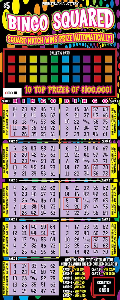 Bingo Squared Pennsylvania scratch-off ticket