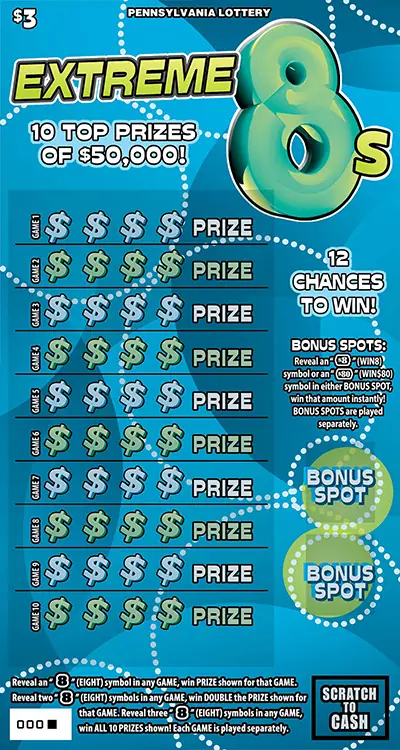 Extreme 8s Pennsylvania scratch-off ticket