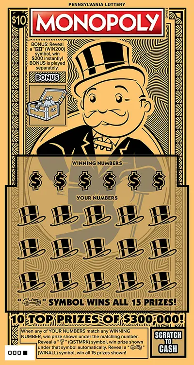 $10 MONOPOLY™ Pennsylvania scratch-off ticket