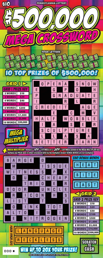 $500,000 Mega Crossword Pennsylvania scratch-off ticket