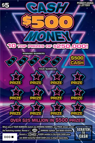 $500 Cash Money Pennsylvania scratch-off ticket