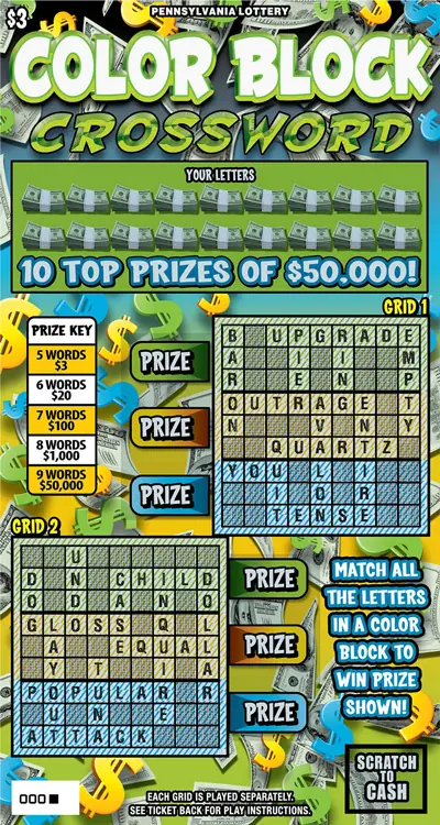 Color Block Crossword Pennsylvania scratch-off ticket