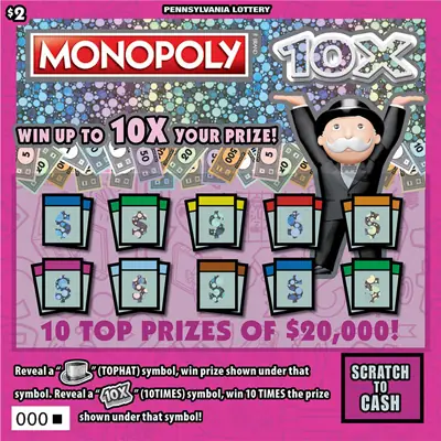 MONOPOLY 10X® Pennsylvania scratch-off ticket