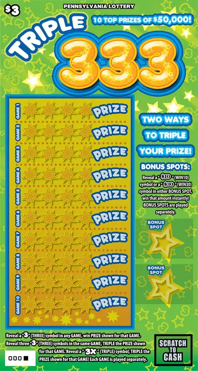 Triple 333 Pennsylvania scratch-off ticket