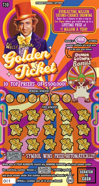 WILLY WONKA GOLDEN TICKET™ Pennsylvania scratch-off ticket