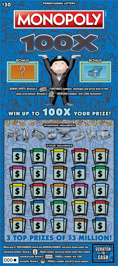 MONOPOLY 100X Pennsylvania scratch-off ticket