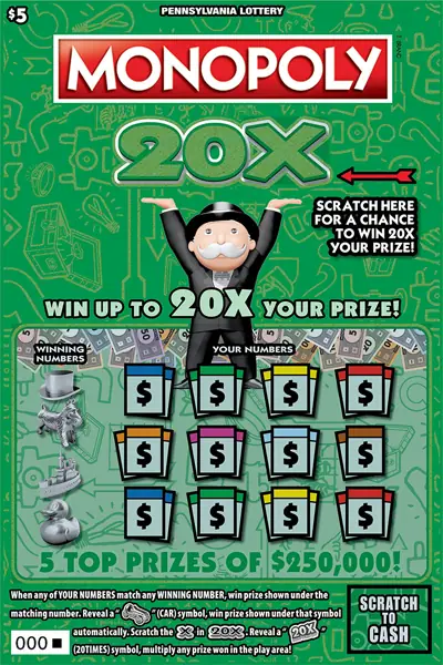 MONOPOLY 20X Pennsylvania scratch-off ticket
