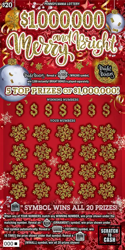 $1,000,000 Merry and Bright Pennsylvania scratch-off ticket