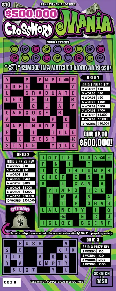 $500,000 Crossword Mania Pennsylvania scratch-off ticket