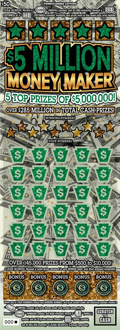 $5 Million Money Maker Pennsylvania scratch-off ticket