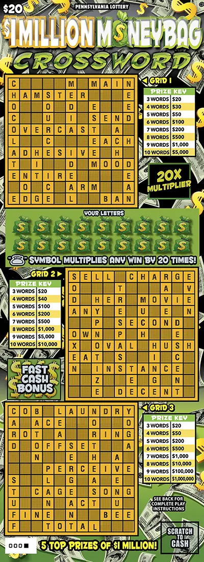 $1 Million Moneybag Crossword Pennsylvania scratch-off ticket