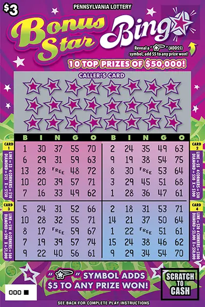 Bonus Star Bingo Pennsylvania scratch-off ticket