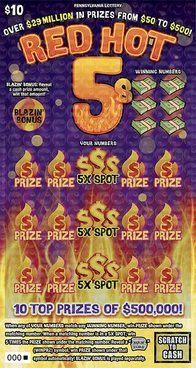 Red Hot 5s Pennsylvania scratch-off ticket