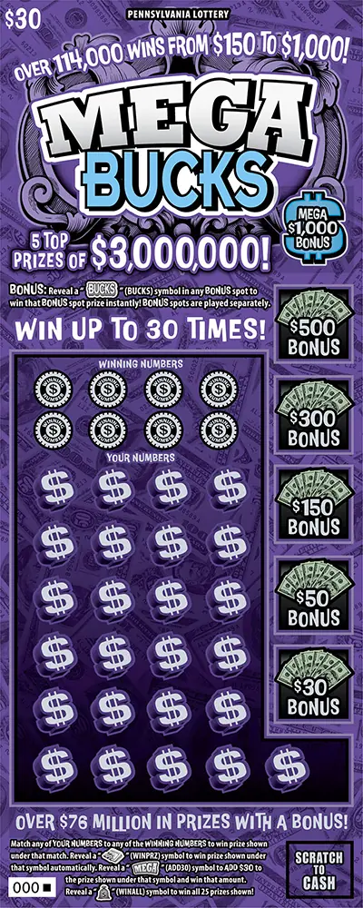 Mega Bucks Pennsylvania scratch-off ticket
