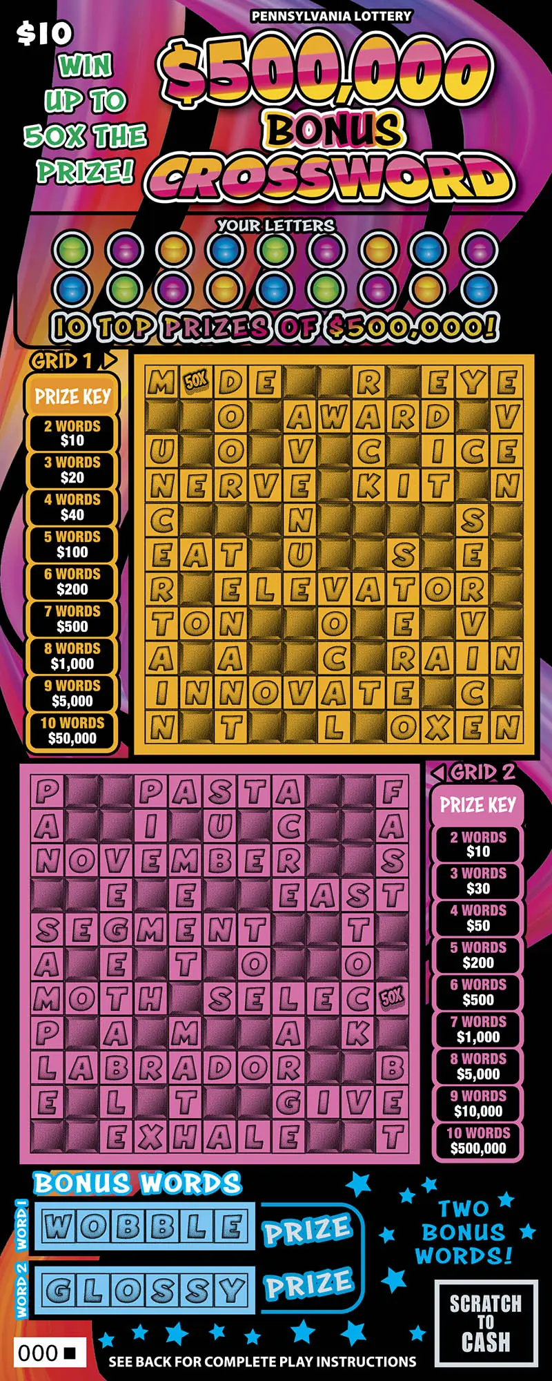 $500,000 Bonus Crossword Pennsylvania scratch-off ticket