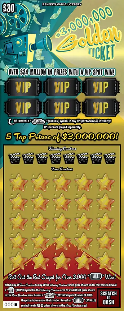 $3,000,000 Golden Ticket Pennsylvania scratch-off ticket