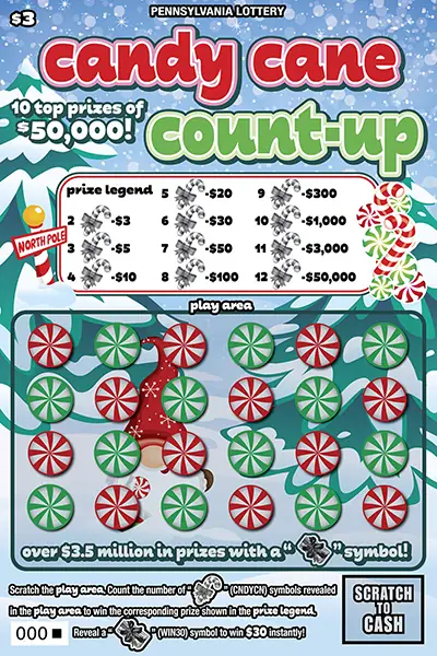 Candy Cane Count-Up Pennsylvania scratch-off ticket