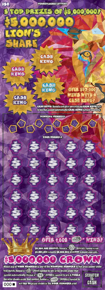 $5,000,000 Lion’s Share Pennsylvania scratch-off ticket